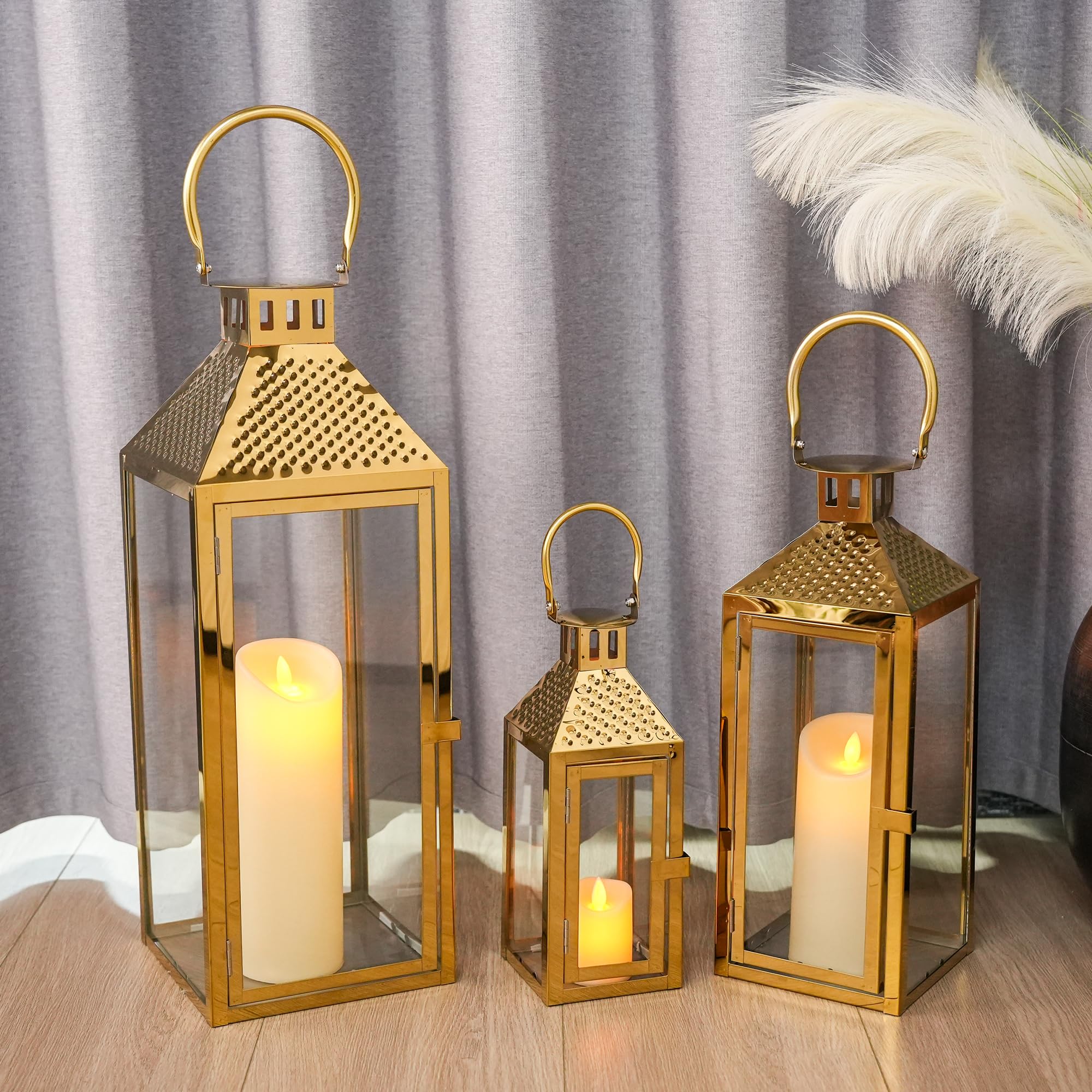 JHY DESIGN Set of 3 Gold Stainless Steel Lanterns 62cm&47.5cm&34